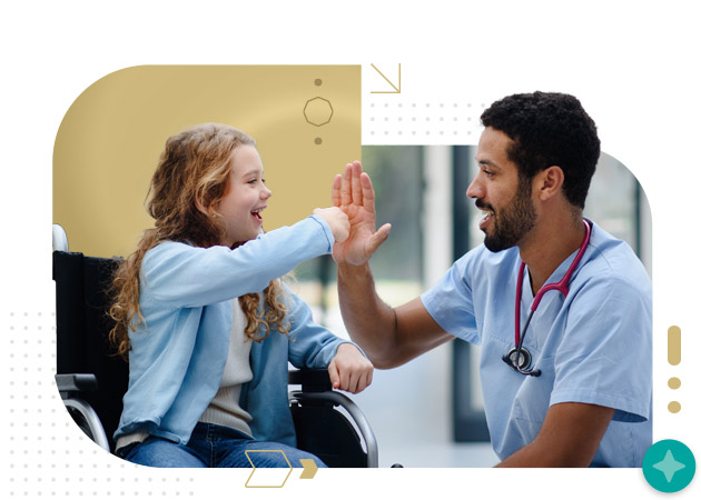 Multiracial nurse talking with little girl on a wheelchair
